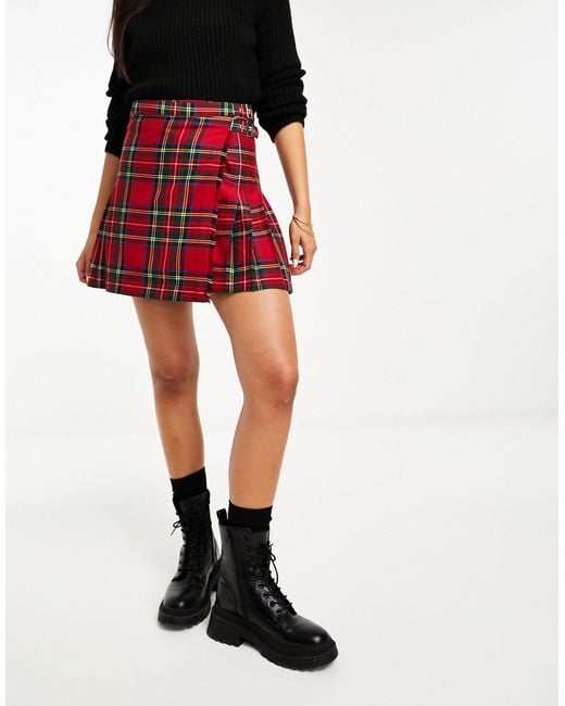 Miss Selfridge Red Tartan Buckle Detail Kilt Mini Skirt