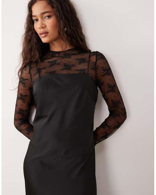 Y.A.S Black Hybrid High Neck Lace Top And Satin Slip Dress