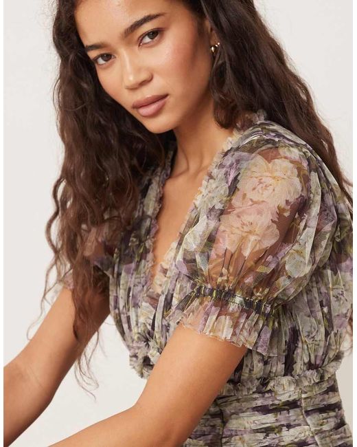 ANAYA Natural Floral Print Short Sleeve Gathered Mini Dress