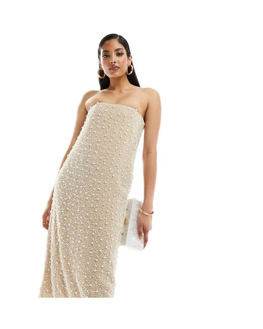 & Other Stories Natural Bandeau Midi Dress With Sequin And Faux Pearl Embellishment