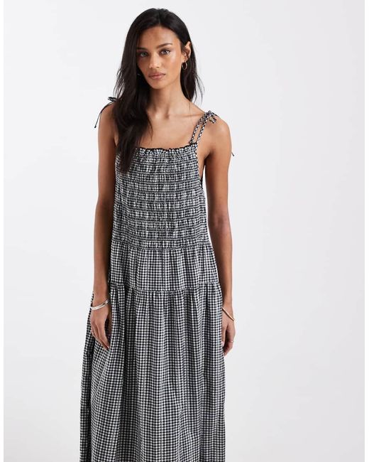 Levi's Gray Shirred Checked Mini Sundress