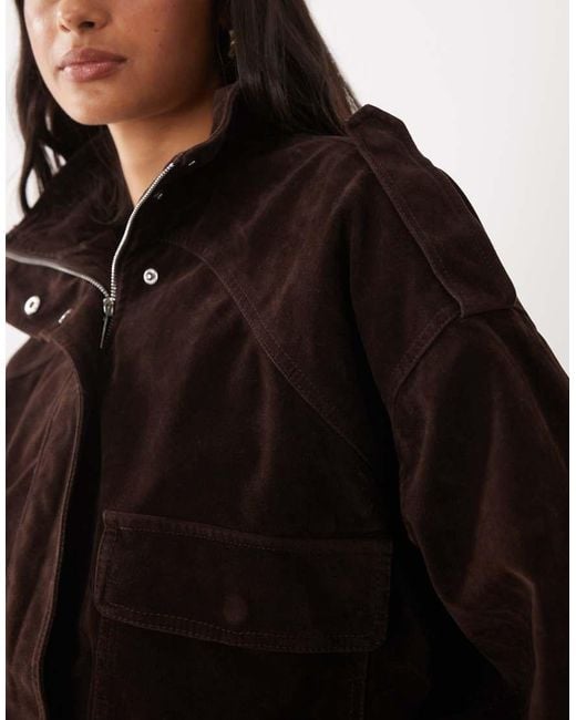 Kaiia Black Exclusive Faux Suede Cargo Pocket Front Balloon Sleeve Funnel Neck Bomber Jacket