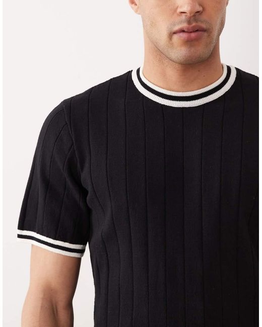 ASOS Black Knitted Ribbed T-shirt With White Tipping for men