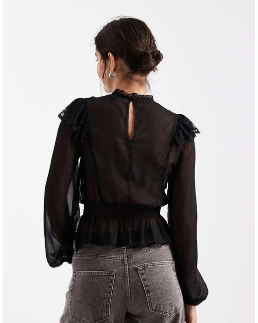 New Look Black Lace Insert Chiffon Blouse