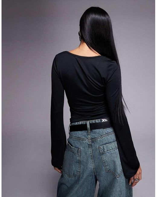 Threadbare Black Slinky Square Neck Long Sleeve Top