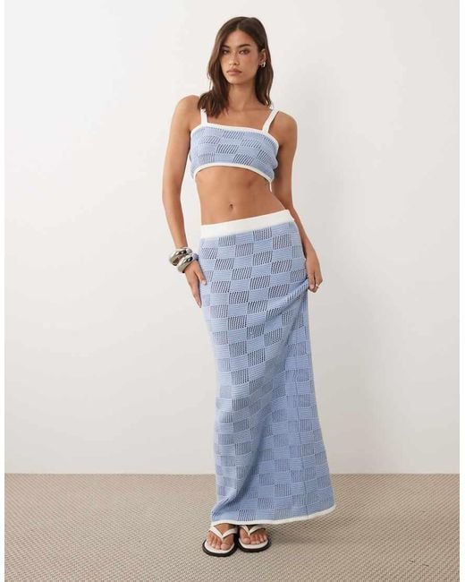 4th & Reckless Blue Cotton Blend Mixed Check Crochet High Waisted Beach Maxi Skirt Co-Ord