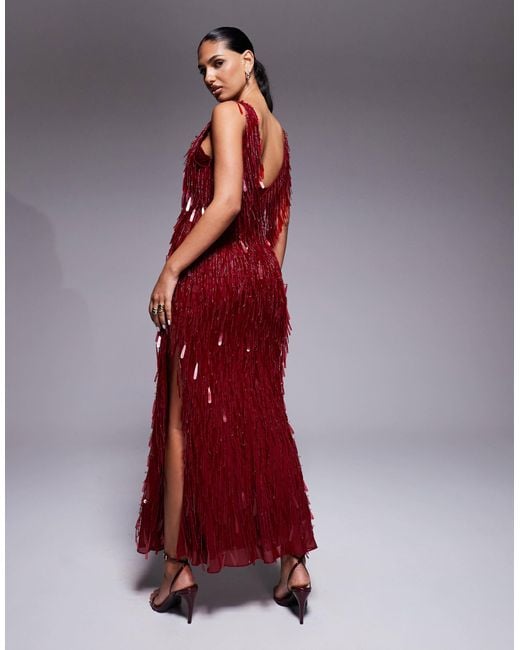ASOS Red Fringe Embellished Cowl Neck Maxi Dress With Lace Bralette Underlay