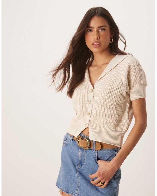 ASOS Blue Knitted Structured Collar Short Sleeve Cardigan With Gold Buttons