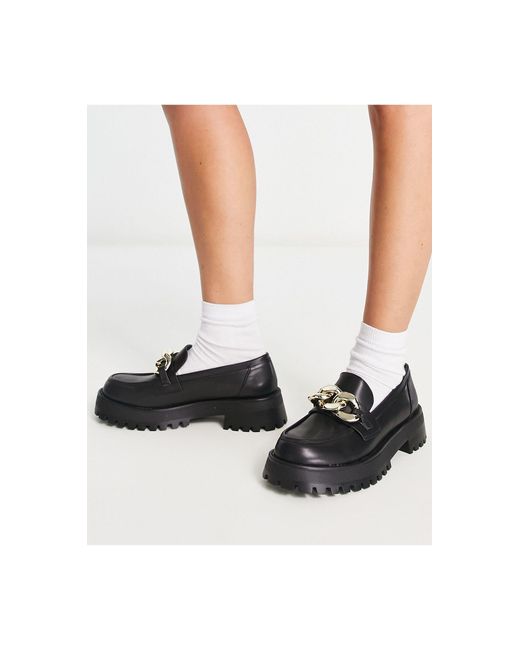 Stradivarius Black Chunky Flat Loafers With Chain Detail