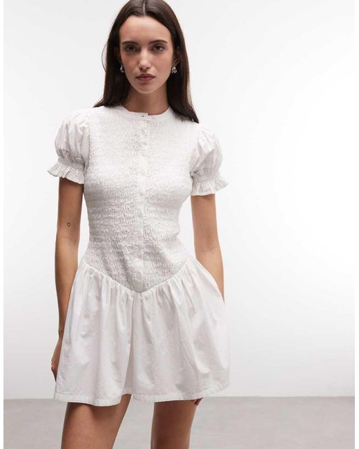 Collusion White Shirred Button Mini Shirt Dress