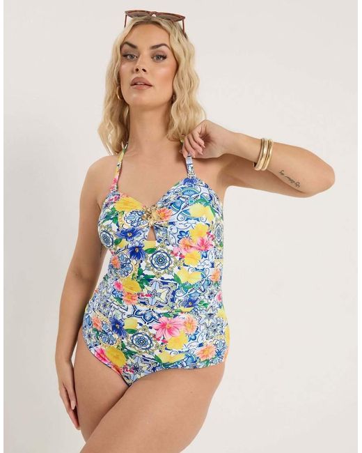 Yours Clothing Blue Mediterranean Tile Bandeau Swimsuit