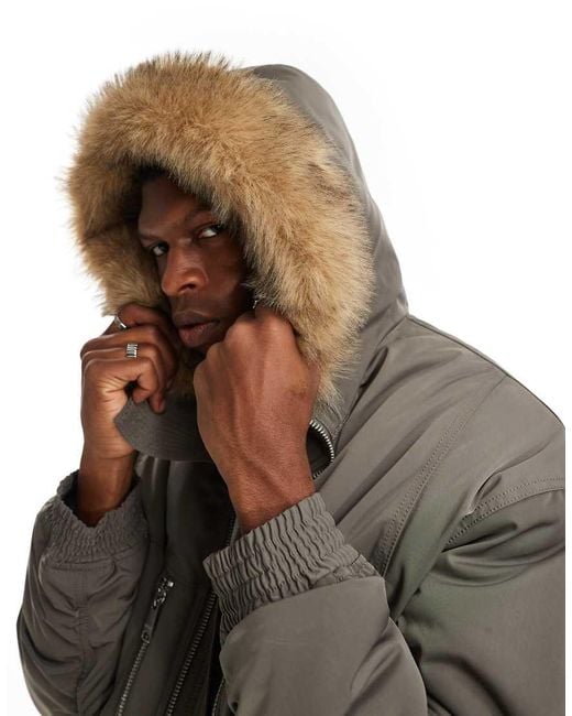 Weekday Gray Padded Bomber Jacket With Faux Fur Hood for men