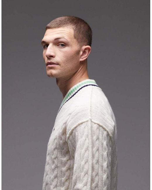 Maglione Lavorato A Trecce Con Scollo A V di Lacoste in Gray da Uomo