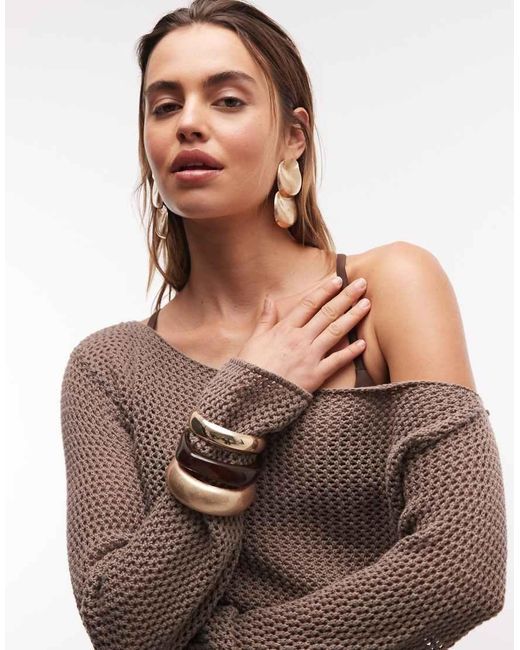 Aria Cove Brown Open Crochet Off Shoulder Flare Sleeve Beach Crop Top Co-ord