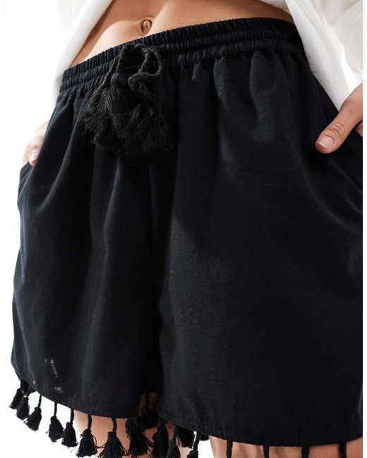 ASOS White Tassel Trim Textured Shorts With Linen