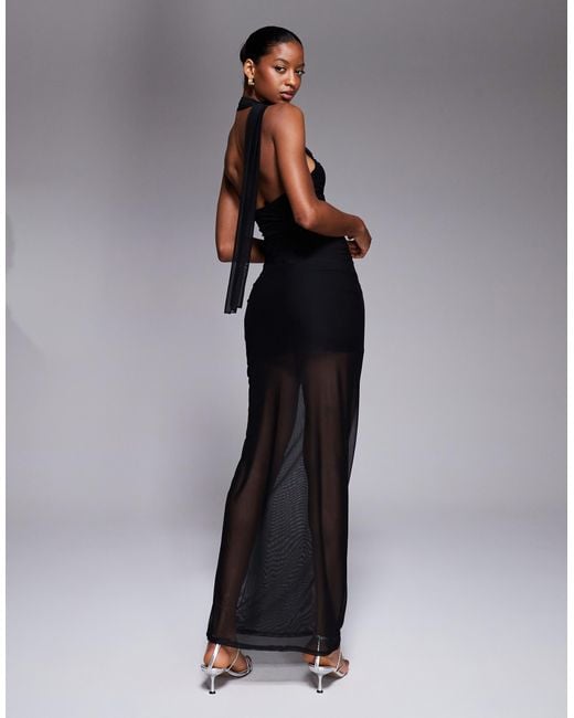 Fashionkilla Blue Exclusive Mesh Overlay Neck Tie Detail Sheer Hem Maxi Dress