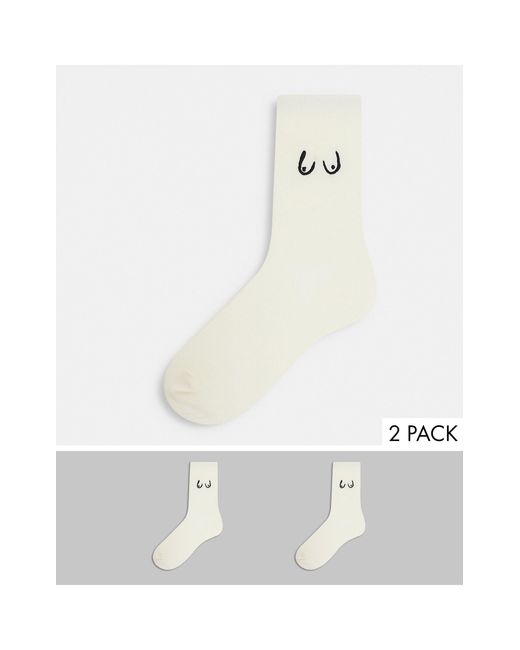 Monki Polly - Set Van 2 Paar Sokken Met Borsten-borduursel Van Biologisch Katoen in het White