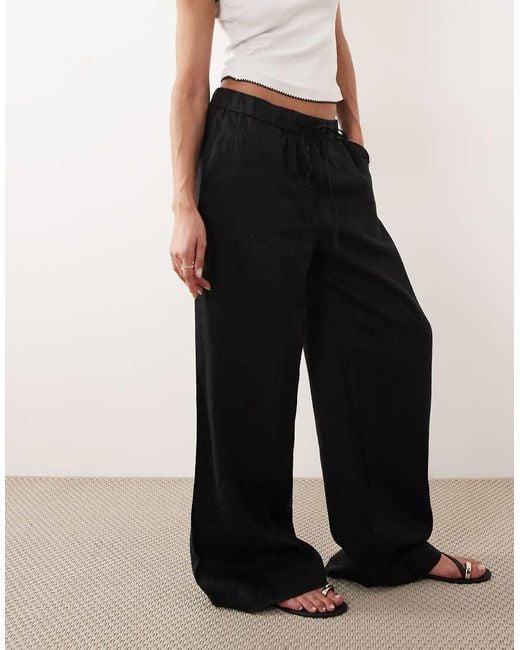 Mango Black 100% Linen Button Detail Straight Leg Pants