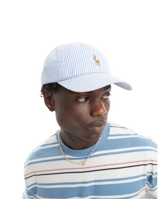 Polo Ralph Lauren White Multi Icon Logo Seersucker Stripe Baseball Cap for men