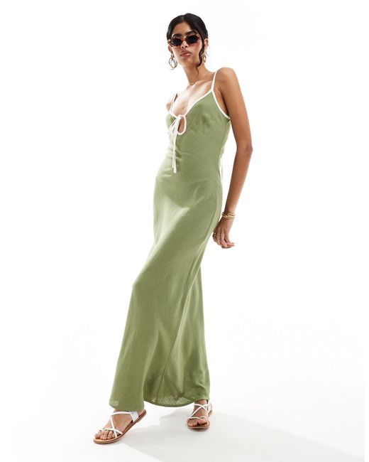 ASOS Green – trägerkleid aus khakifarbenem leinen mit farblich abgesetzter einfassung