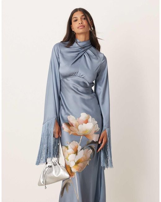 ASOS Blue Draped Neck Satin Bias Maxi Dress With Fringe Sleeve Detail