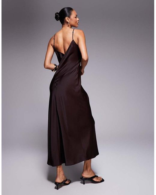 ASOS Brown V Neck Lace Trim Satin Slip Maxi Dress