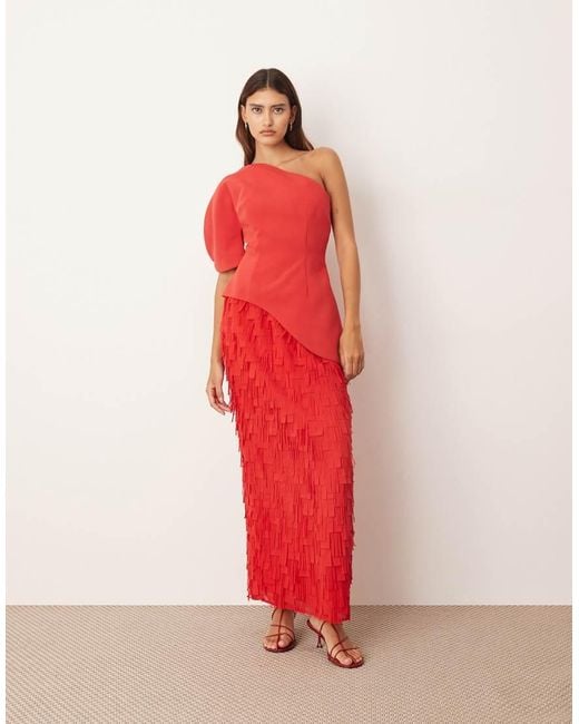 ARRANGE Red Sculptural One Shoulder Texture Hybrid Maxi Dress