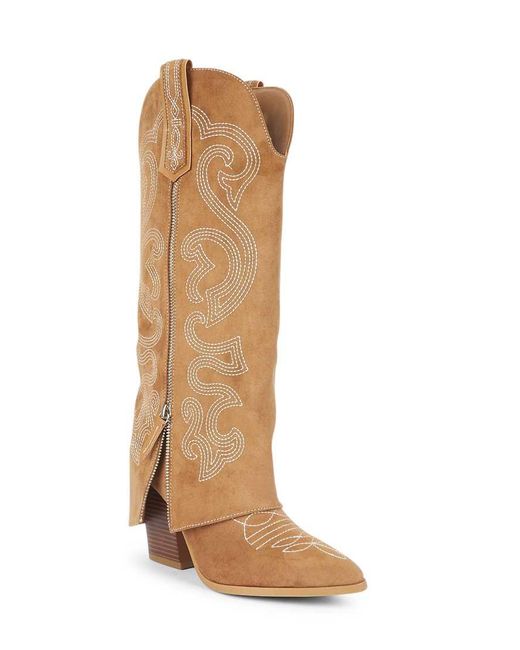 SEQWL Natural Western Fold Over Cowboy Boots Knee High Pointed Toe