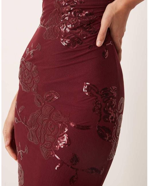 Gina Tricot Red Fallen Off One Shoulder Asymmetric Sequin Maxi Dress