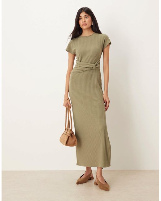 ASOS Natural – kurzärmliges, geripptes midikleid