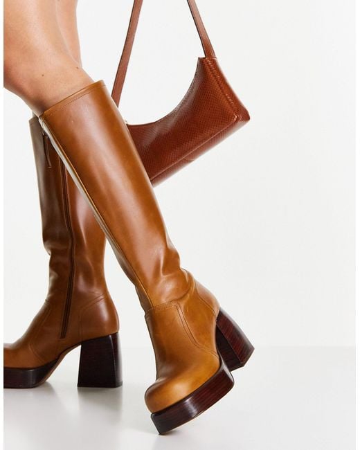 ASOS Brown California Premium Leather Platform Knee Boots