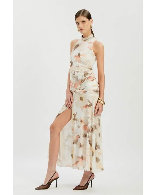 Bardot Natural Leanna High Neck Ruched Waist Thigh Split Mesh Midi Dress
