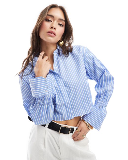 Mango Blue Stripe Cuffed Detail Shirt