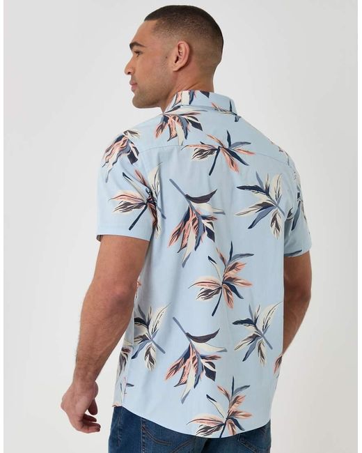 Threadbare Blue Tropical Leaf Print Cotton Short Sleeve Shirt for men