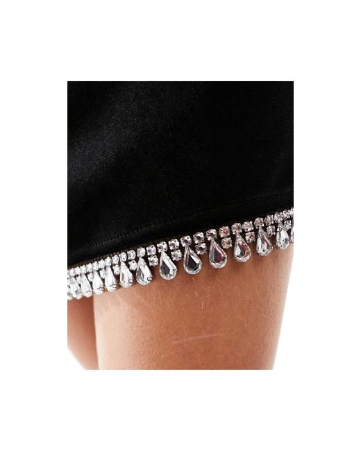 ASOS Black Asos Design Petite Velvet Mini Slash Neck Dress With Diamante Trim
