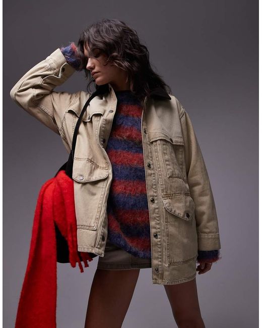 TOPSHOP Natural Denim Barn Jacket With Cord Collar