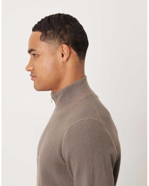 Mango Gray Cotton Mix Ribbed Quarter Zip Sweater for men
