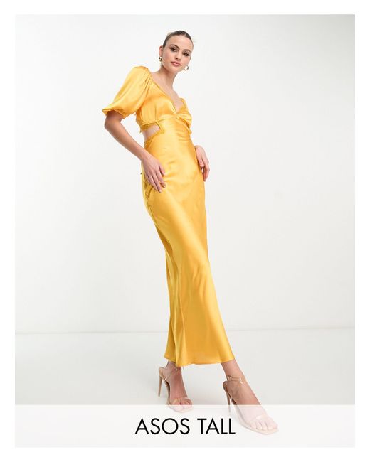 ASOS Metallic Asos Design Tall Satin Milkmaid Lace Trim Maxi Dress With Strappy Back