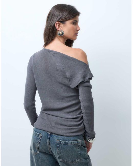 ASOS Gray Fine Knit Off The Shoulder Ruched Top
