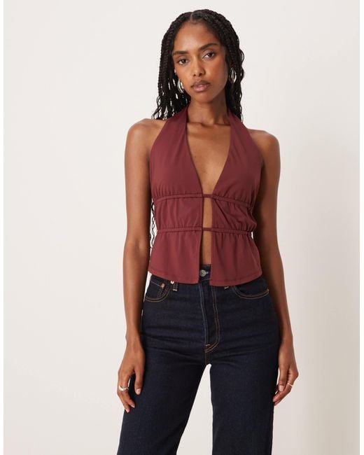 ASOS Red Polyamide Ruched Waist Detail Halter Top