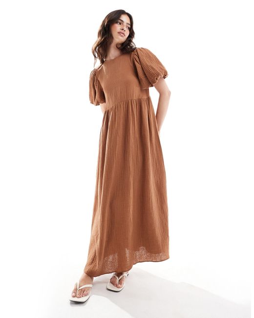 ASOS Brown Double Cloth Midi Smock Dress With Puff Ball Sleeves