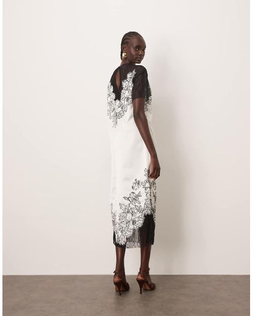 ARRANGE Natural Satin Lace Applique Embroidered Column Midi Dress