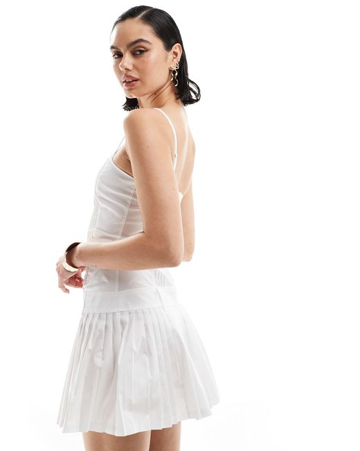 Bershka White Cotton Straight Neck Pleated Mini Dress
