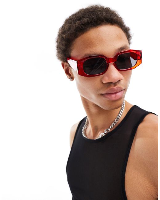 ASOS Red Angled Rectangle Sunglasses With Smoke Lens for men