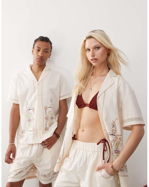 Reclaimed Vintage Natural Limited Edition Unisex Short Sleeve Resort Shirt With Floral Embroidery