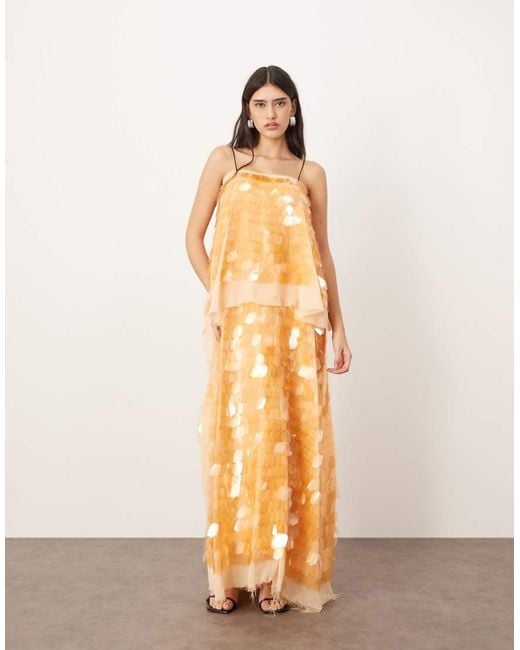 ARRANGE Natural Embellished Shard Sequin Layered Cami Maxi Dress