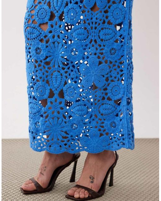 SNDY'S Blue Cotton Rich Flower Open Crochet Maxi Dress