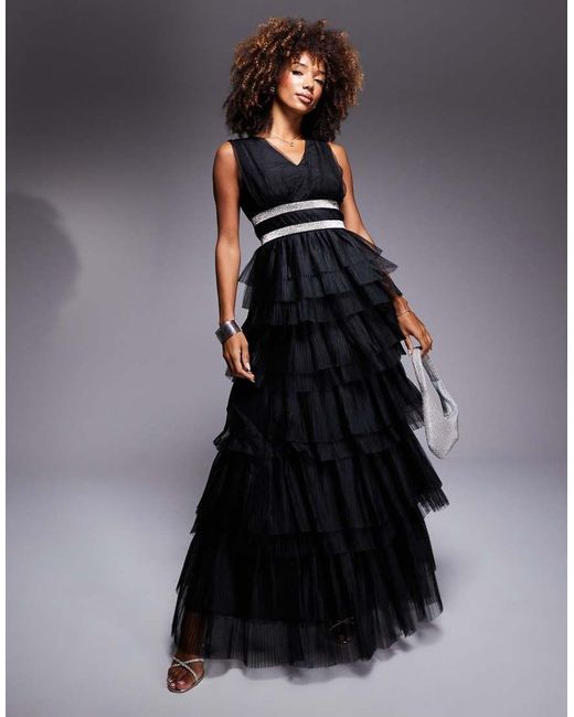 True Decadence Black Diamante Belted Tulle Maxi Dress