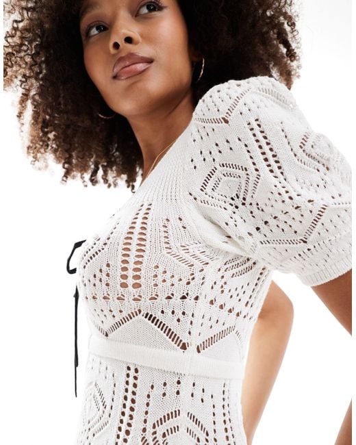 Miss Selfridge White Crochet Short Sleeve Knitted Dress With Bow Detail