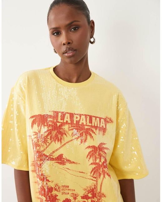 ASOS Natural Oversized Drop Sleeve T-Shirt With La Palma Graphic